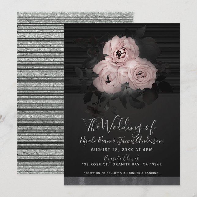 Invitación Boda moderna rosa y negra con estilo floral chic (Anverso / Reverso)