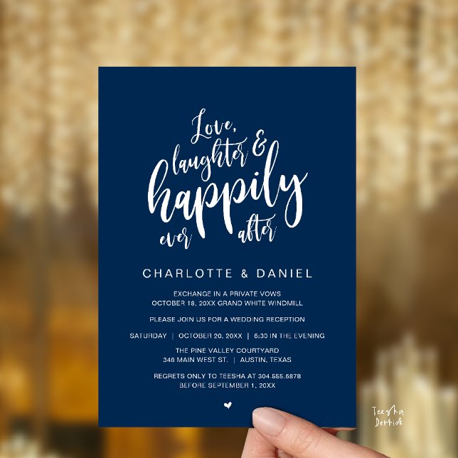 Invitación Boda Moderna Rústica con Letra Script Felices para (Modern Rustic Script Love Laughter and Happily Ever After Wedding Invitation Card in Navy Blue)