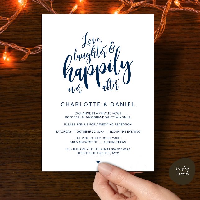 Invitación Boda Moderna Rústica con Letra Script Felices para (Modern Rustic Script Love Laughter and Happily Ever After Wedding Invitation Card in Navy Blue)