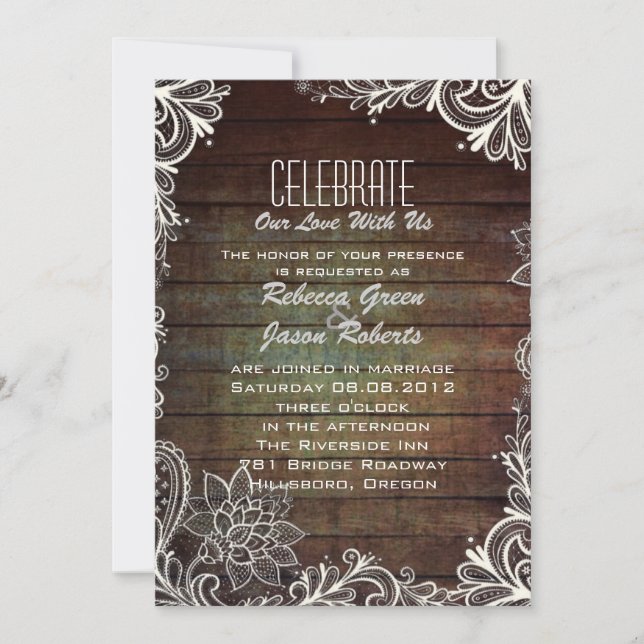 Invitación boda moderna rústica de madera de granero y encaje (Anverso)