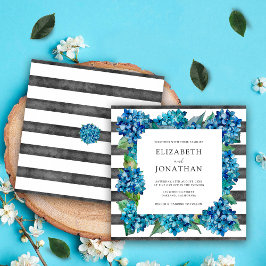 Invitación Boda moderna rústica gris azul hortensias rayadas