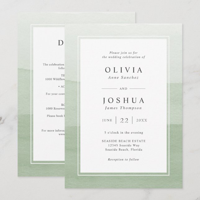 Invitación Boda Moderna Sage Todo En Uno (Anverso / Reverso)