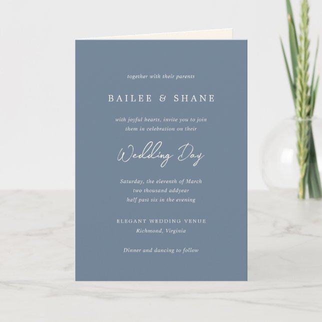 Invitación Boda moderna simple de azul polvoriento (Anverso)