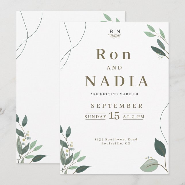 Invitación Boda Moderna Simple de Eucalipto Verde (Anverso / Reverso)