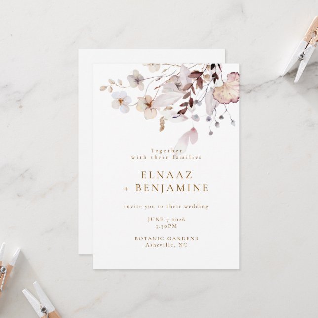 Invitación Boda moderna simple de otoño con flores secas y ho (Anverso/Reverso In Situ)
