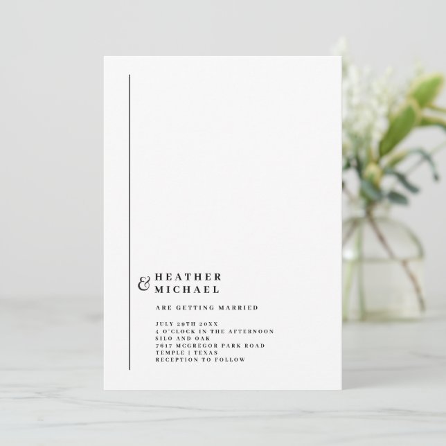 Invitación Boda moderna simple formal en blanco y negro (Anverso de pie)