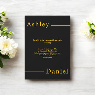 Invitación Boda Moderna Simple Negra y Dorada Chic Delicada
