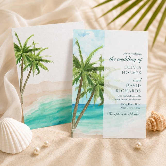 Invitación Boda Moderna Tropical de Playa y Palmeras (Modern Tropical Beach and Palm Trees Wedding Invitation)