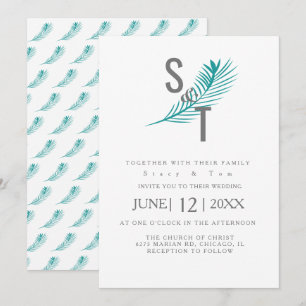 Invitación Boda Moderna Tropical Hoja de Palma Verde Azul