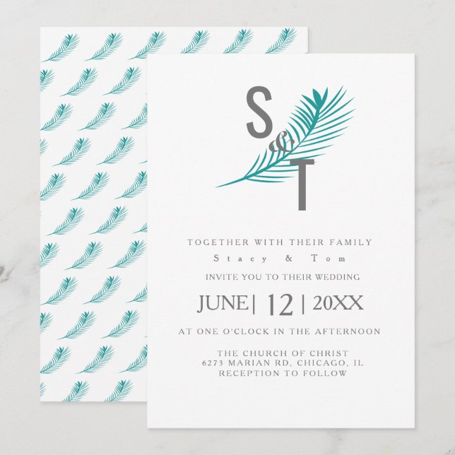 Invitación Boda Moderna Tropical Hoja de Palma Verde Azul (Anverso / Reverso)