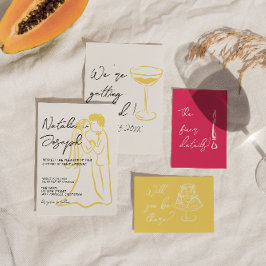 Invitación Boda moderna única dibujada a mano con colores ret