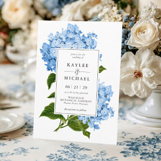 Invitación Boda moderna vintage con flores azules de hortensi