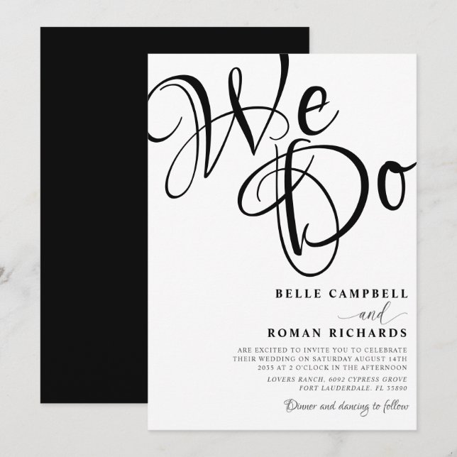 Invitación Boda Moderna We Do Script Negro y Blanco (Anverso / Reverso)