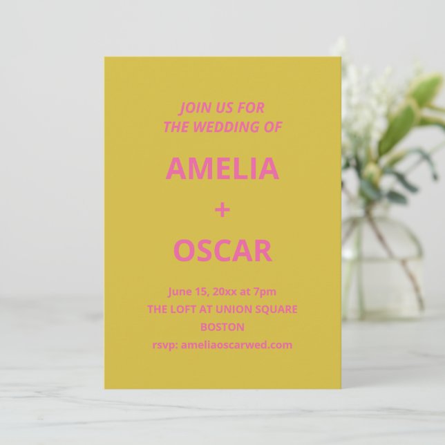 Invitación Boda Moderna y Audaz de Rosa Amarillo Chartreuse (Anverso de pie)
