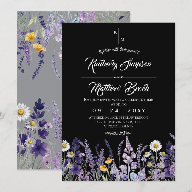 Invitación Boda moderna y elegante con flores silvestres rúst (Anverso / Reverso)