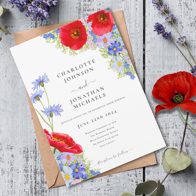 Invitación Boda moderna y elegante de flores silvestres (Modern wildflower red poppy blue cornflower watercolor wedding invitation )