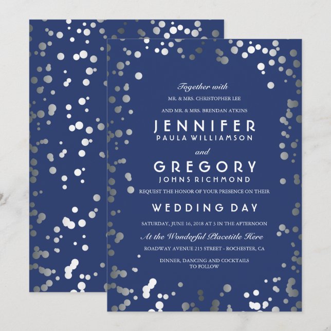 Invitación Boda moderna y elegante de la Marina Confetti de P (Anverso / Reverso)