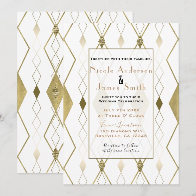 Invitación Boda moderna y glamurosa con diamantes blancos y d (Anverso / Reverso)