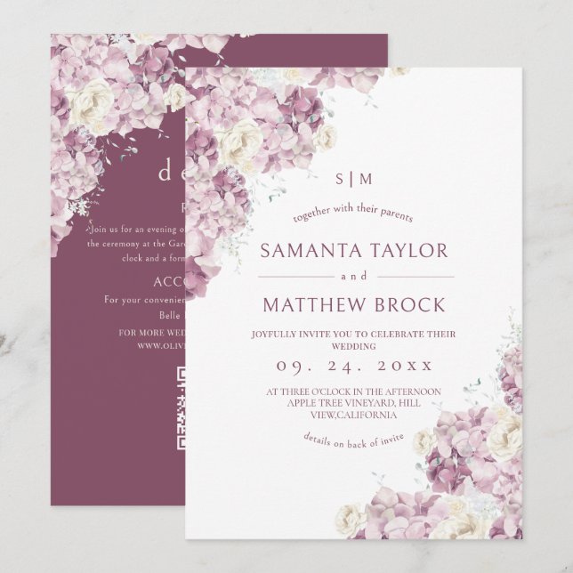 Invitación Boda moderna y polvorienta⎮Flores polvorientas de  (Anverso / Reverso)