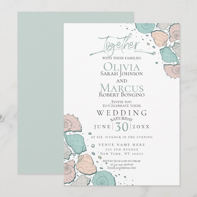 Invitación Boda | Modernas Castillos de Marea Verde Verde azu (Anverso / Reverso)
