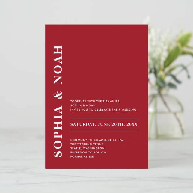 Invitación Boda modernista roántico mínimo rojo y blanco (Anverso de pie)