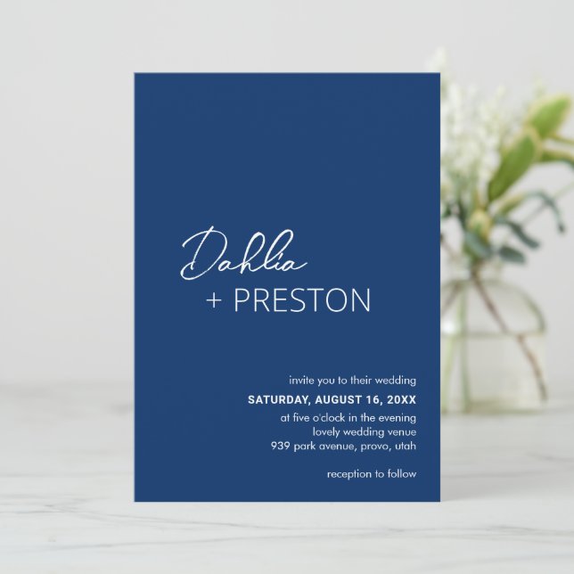 Invitación Boda moderno azul de la Marina Mínima (Anverso de pie)