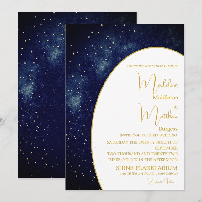 Invitación Boda moderno azul por la noche de Sky Gold Stars (Anverso / Reverso)