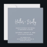 Invitación Boda moderno azul turbio y minimalista<br><div class="desc">Invitación de boda cuadrada moderna con un diseño sencillo con sus nombres en una tipografía de escritura elegante y sus detalles del evento en una fuente minimalista sans serif. Todos los elementos de diseño son blancos sobre un fondo azul polvoriento. Esta invitación a la boda de moda funciona bien para...</div>