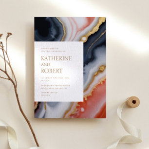 Invitación Boda Moderno Azul Y Naranja Agate
