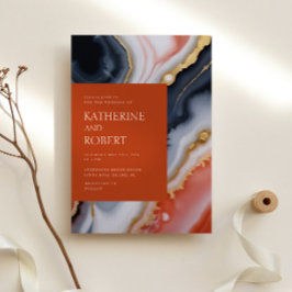 Invitación Boda Moderno Azul Y Naranja Agate