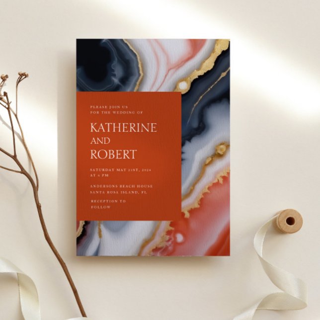 Invitación Boda Moderno Azul Y Naranja Agate (Subido por el creador)