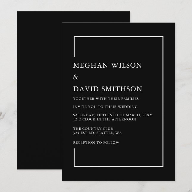 Invitación Boda moderno blanco y negro Minimalista simple (Anverso / Reverso)