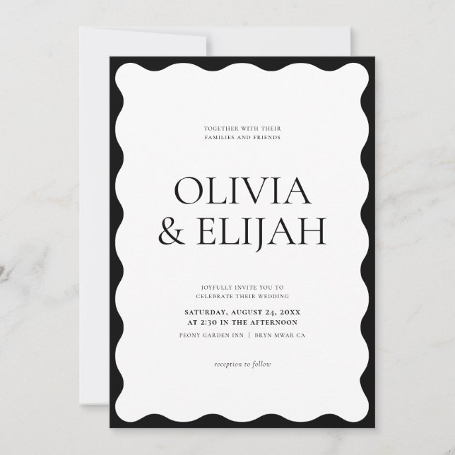 Invitación Boda moderno blanco y negro ondulado (Anverso)
