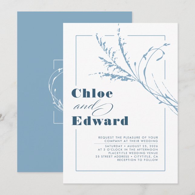 Invitación Boda moderno Boho Dusty Blue y Navy (Anverso / Reverso)