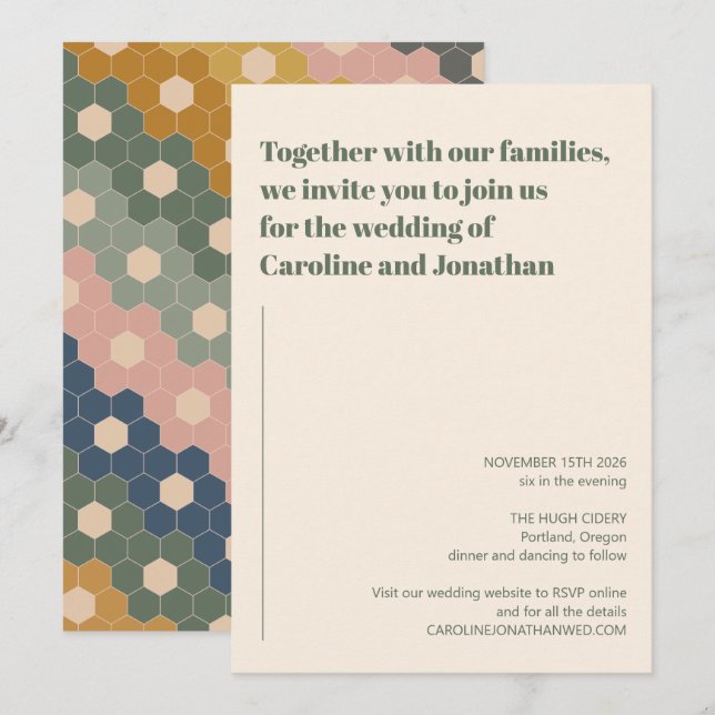 Invitación Boda moderno Boho Geométrico Verde Azul Rosa (Anverso / Reverso)