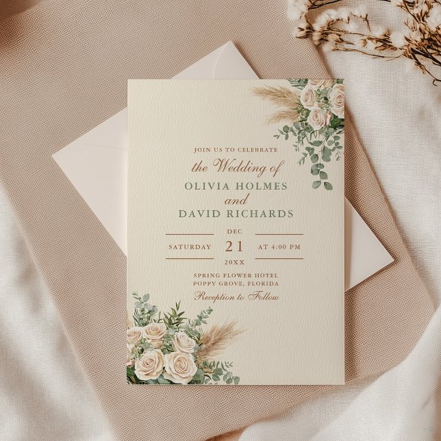 Invitación Boda moderno Boho Pampas Grass & White Rose (Modern Boho Pampas Grass & White Rose Wedding Invitation with an envelope on an elegant table)