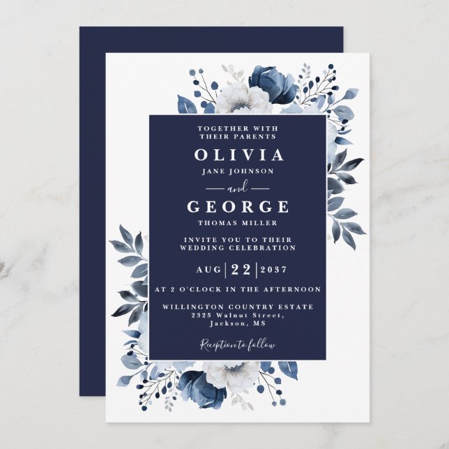 Invitación Boda moderno botánico floral azul de la Marina (Anverso / Reverso)