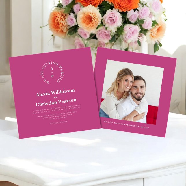 Invitación Boda moderno casual con estilo rosa (modern vibrant bold pink wedding invitation with photo , fully editable )