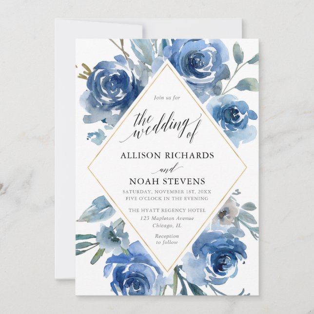 Invitación Boda moderno con acuarela floral dorada azul (Anverso)