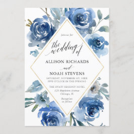 Invitación Boda moderno con acuarela floral dorada azul