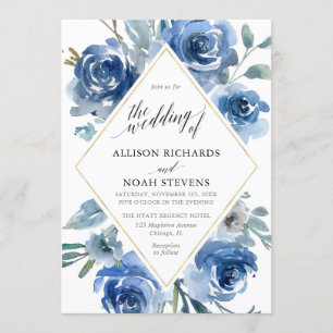 Invitación Boda moderno con acuarela floral dorada azul