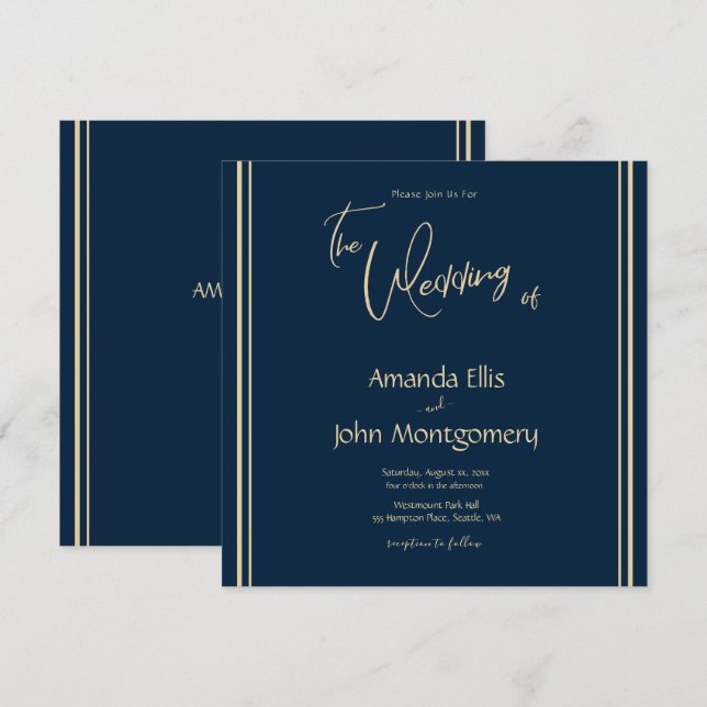 Invitación Boda moderno con elegancia en la marina y el oro (Anverso / Reverso)