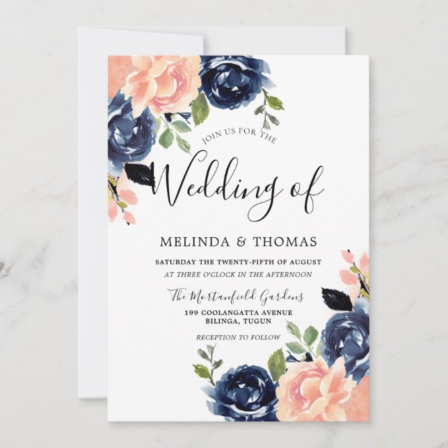 Invitación Boda moderno con flores azules rosadas y de la mar (Anverso)