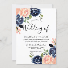 Invitación Boda moderno con flores azules rosadas y de la mar