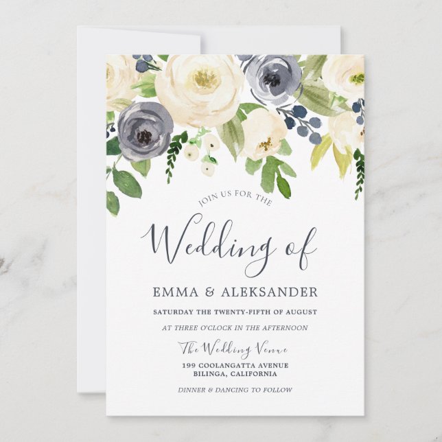 Invitación Boda moderno con flores blancas y preciosas (Anverso)