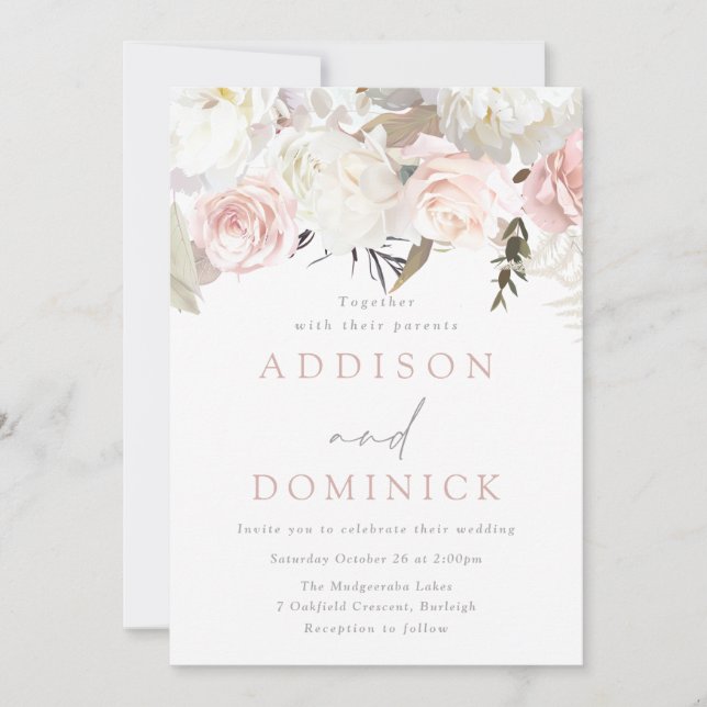 Invitación Boda moderno con flores blancas y rosas de Rubor (Anverso)