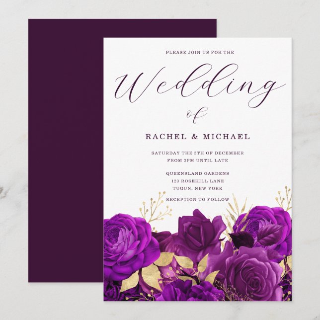 Invitación Boda moderno con flores moradas y doradas (Anverso / Reverso)