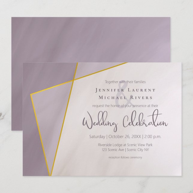 Invitación boda moderno con marco de oro de ciruela muda (Anverso / Reverso)