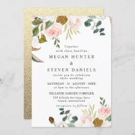 Invitación Boda moderno con respaldo de oro de flores blancas