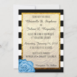 Invitación Boda Moderno con Rosa Azul y Franjas de Lámina Dor